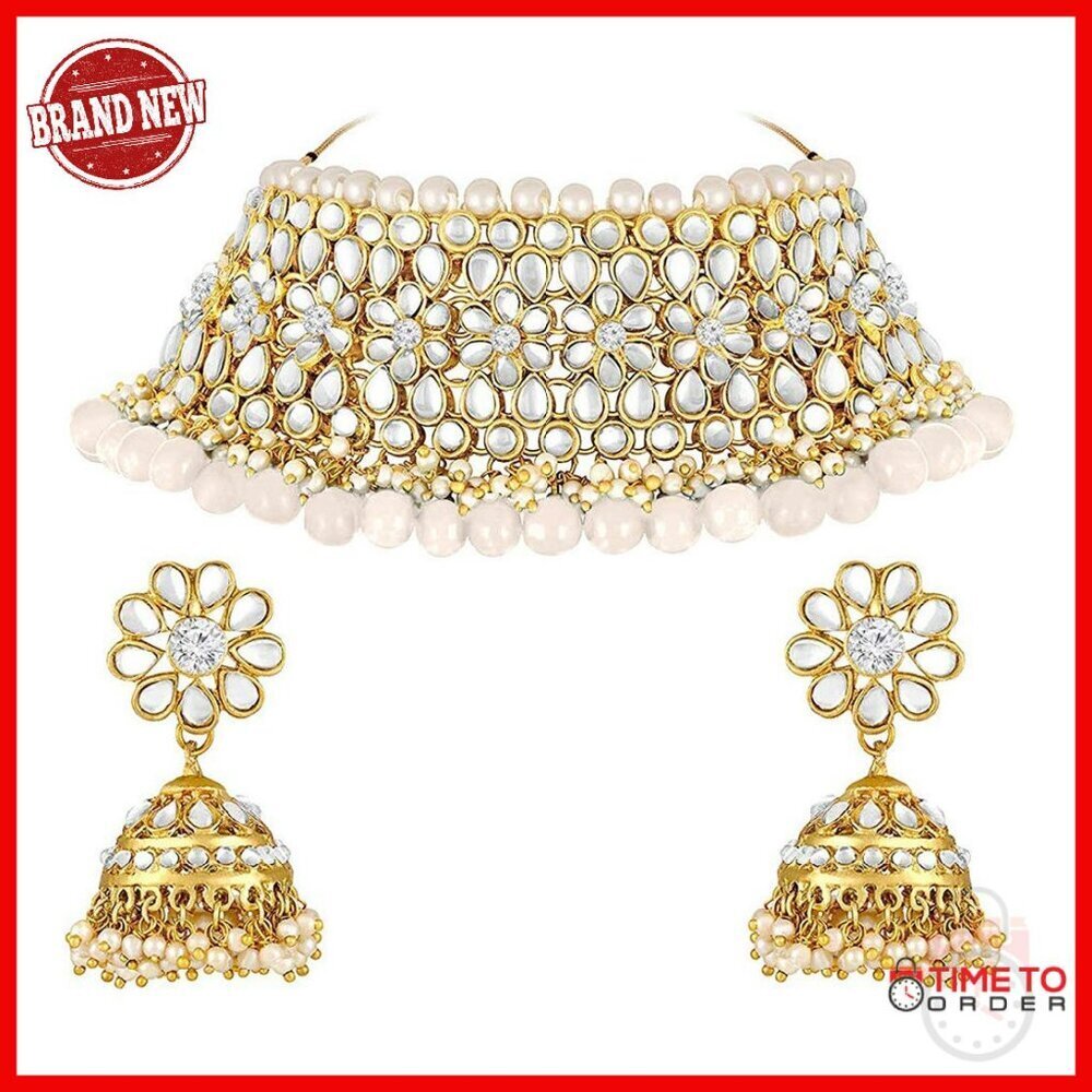 Traditional Kundan Pearl Choker Necklace Set with Jhumki Earrings